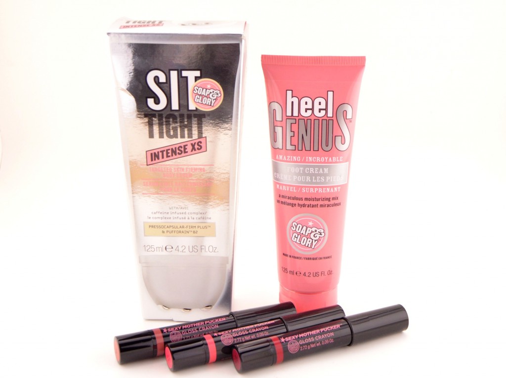Soap & Glory Sit Tight Intense XS Targeted Skin Firming Body Serum, Heel Genius Foot Cream and Sexy Mother Pucker Gloss Crayons