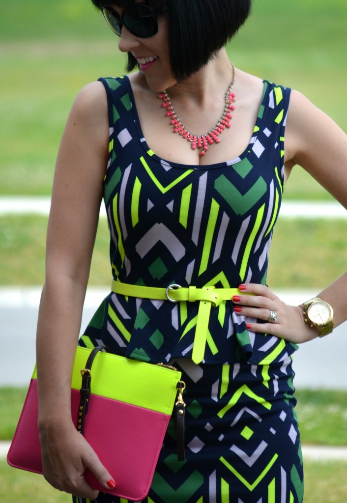 neon is the new black, h&m necklace, wal-mart dress, town shoes, michael kors watch, avon clutch, mark by avon