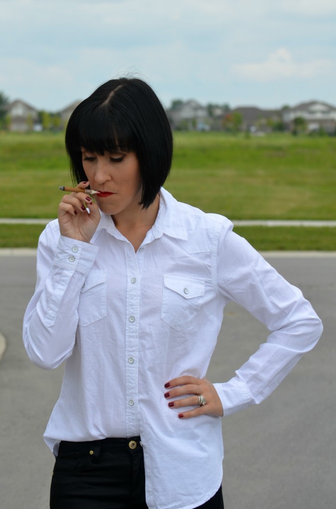 Sexy lady, girl smoking, smoking, hot chick, bold lip, red lip, white shirt, dress shirt, short hair