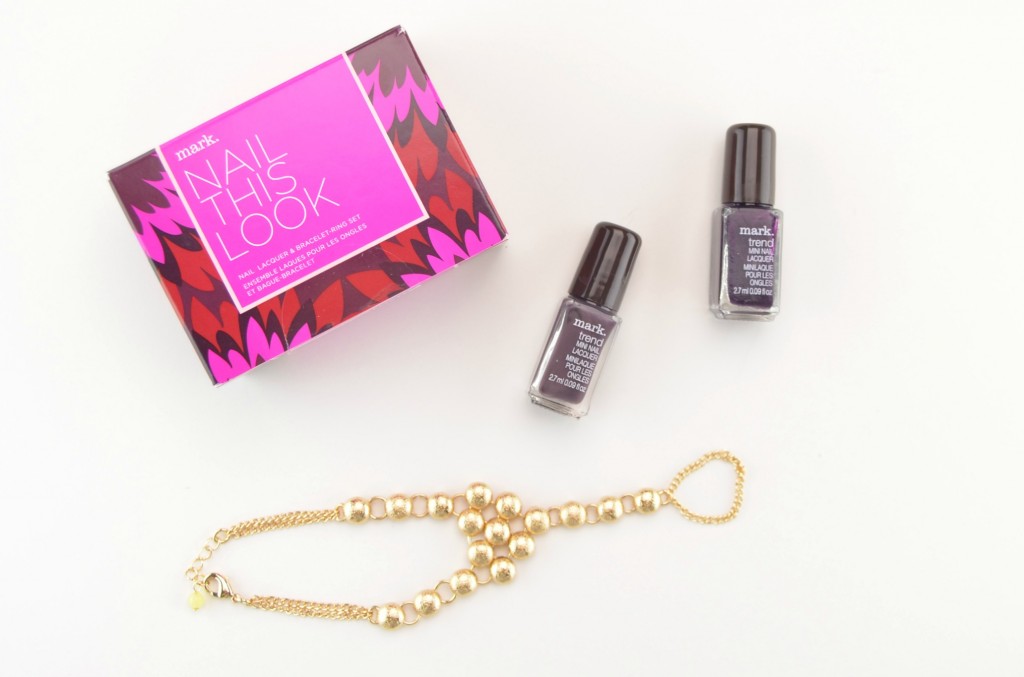 Avon Nail This Look, avon nail polish, nails, purple nail polish, gold bracelet, ring and bracelet set, purple nails, mark.