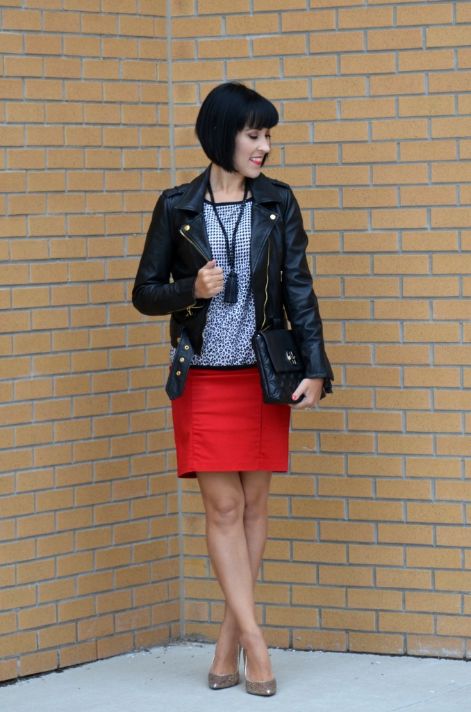 Skirt, Rickis, Gold Sparkly Pumps, DWS Canada, smart set top, danier leather jacket, kate spade purse, cocoa jewelry necklace, leather jacket, moto jacket