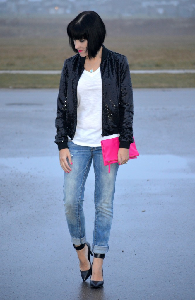 What I Wore, white Tee, Smart Set t-shirt, Blue Opal Necklace, Magnolia silver jewellery, Monogrammed Clutch, Ladd Accessories, Sequins Jacket, Guess jacket, boyfriend Jeans, American Eagle jeans