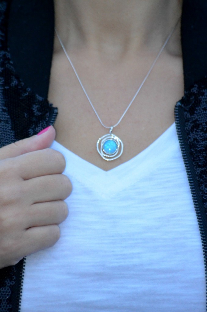 What I Wore, white Tee, Smart Set t-shirt, Blue Opal Necklace, Magnolia silver jewellery, Monogrammed Clutch, Ladd Accessories, Sequins Jacket, Guess jacket, boyfriend Jeans, American Eagle jeans