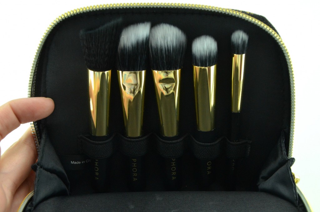Sephora Collection All A Glow Brush Set, cream blush brush, contour brush, foundation brush, highlight brush, concealer brush, black and gold pouch, makeup brush set, holiday collection