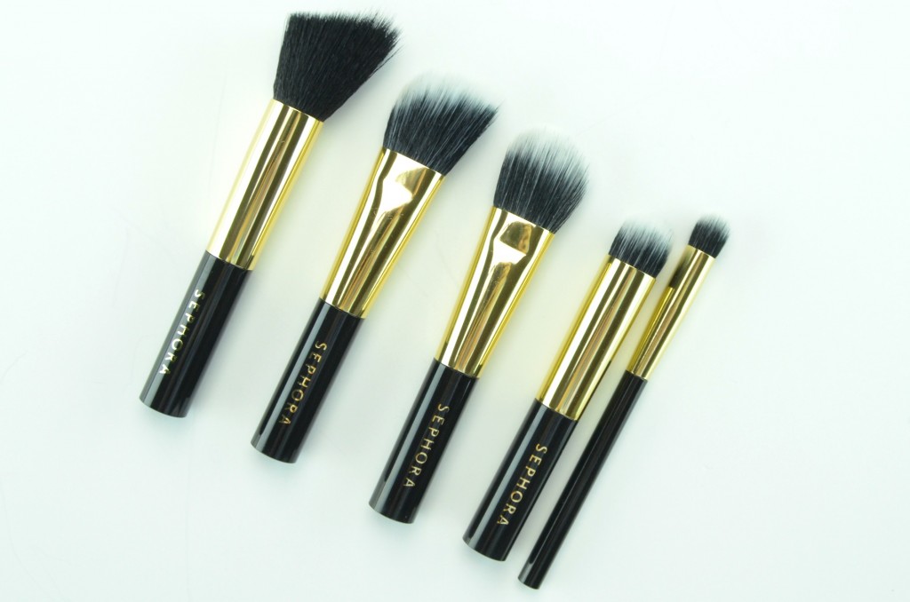 Sephora Collection All A Glow Brush Set, cream blush brush, contour brush, foundation brush, highlight brush, concealer brush, black and gold pouch, makeup brush set, holiday collection