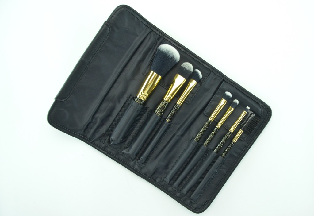 Sephora Collection Pure Luxury Antibacterial Brush Set, powder brush, foundation brush, angled eye shadow brush, eye shadow brush, concealer brush, flat eyeliner brush, brow comb, gold and black quilted pouch