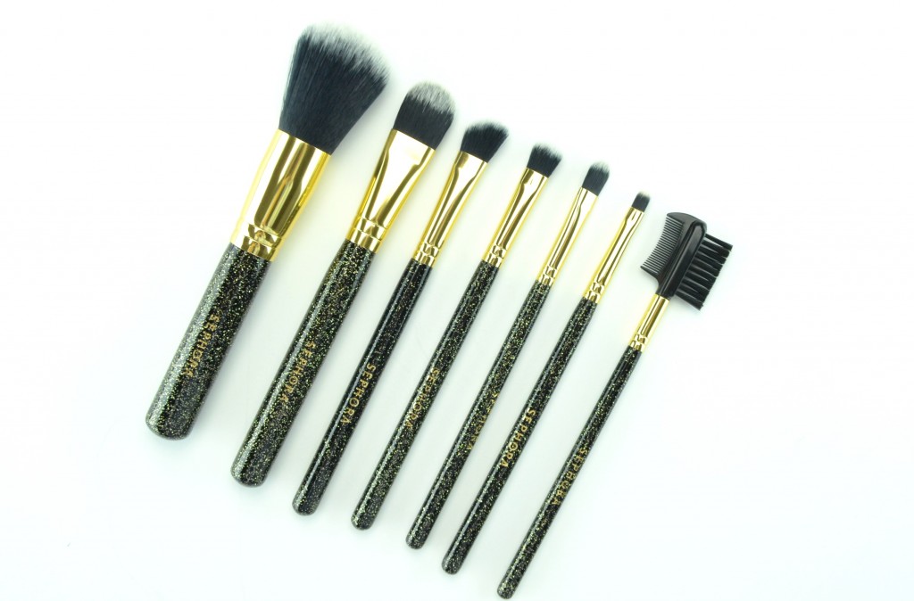 Sephora Collection Pure Luxury Antibacterial Brush Set, powder brush, foundation brush, angled eye shadow brush, eye shadow brush, concealer brush, flat eyeliner brush, brow comb, gold and black quilted pouch 