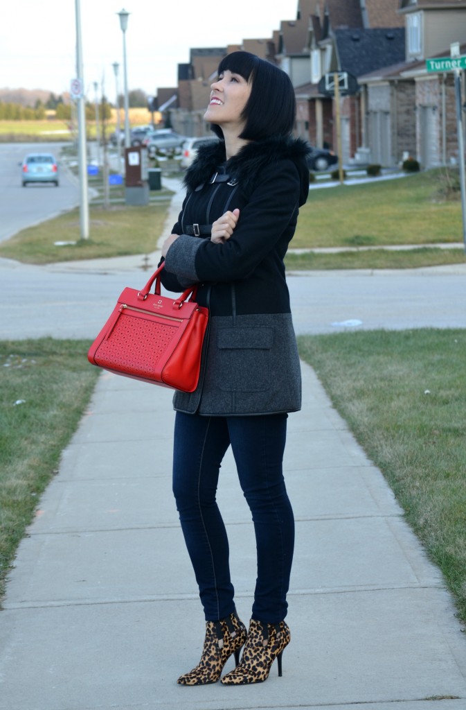 black Winter Coat, RW& Co jacket, red Handbag, Kate Spade purse, skinny Jeans, Smart Set jean, leopard Booties, Nine West boots