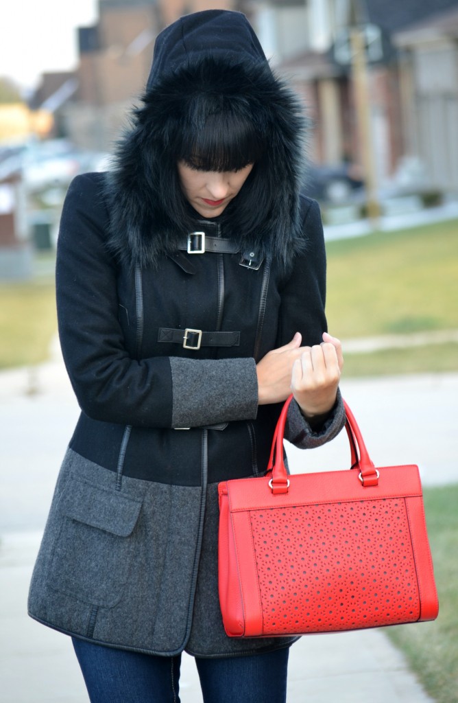 colour blocked winter Coat, RW& Co coat, leather Handbag, Kate Spade handbag, skinny blue Jeans, Smart Set pants, animal print boots, Nine West booties