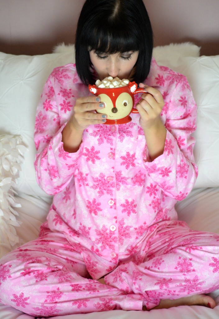 hot chocolate, fox mug, target fox mug, pink flannel pajamas, pink pjs, spend all day in bed