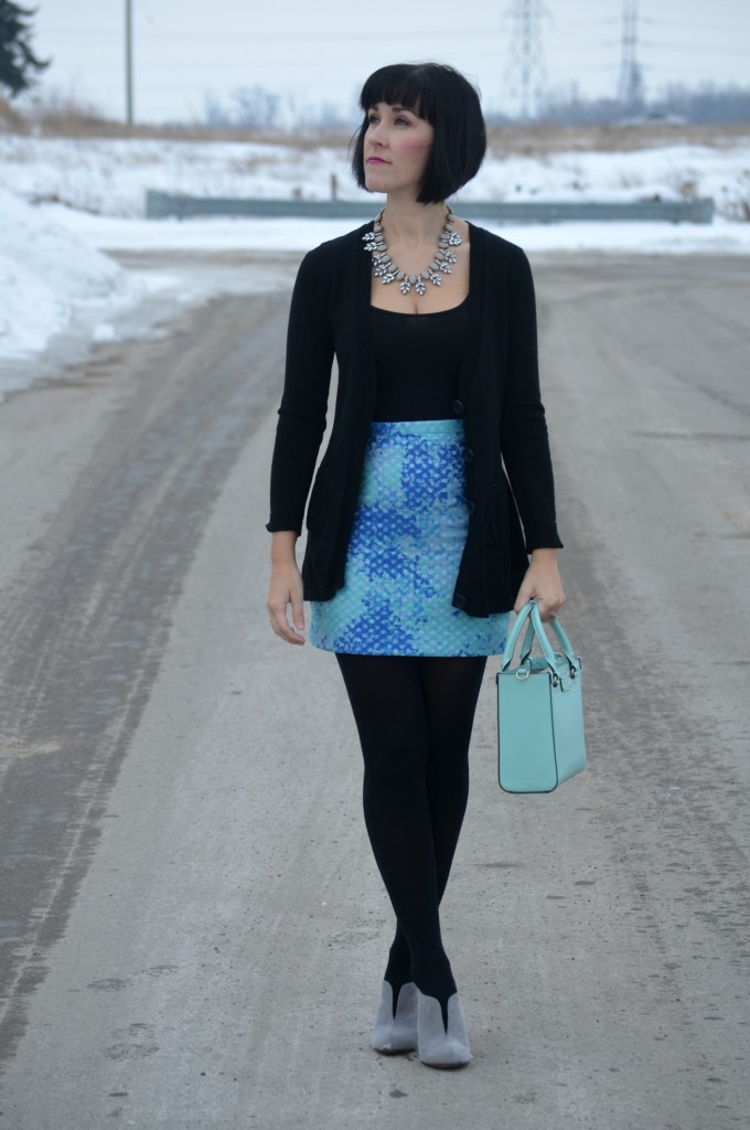 What I Wore, black Tank top, Smart Set top, Boyfriend Sweater, RW&Co cardigan, crystal Necklace, Shop Style Unstructured, teal Purse, Kate Spade handbag, mini Skirt