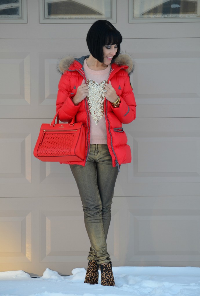 Eleven Elfs, #MyElevenElfs, winter coat, red winter jacket, heart sweater, sequin heart sweater, gold jeans, waxed denim, animal print booties, nine west boots