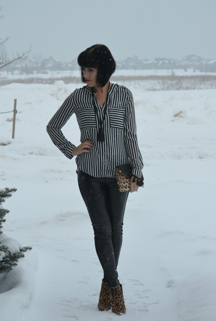 Sheinside pants, Animal Print Booties, Nine West, boots, black blouse, statement necklace, tassel necklace, leather pants