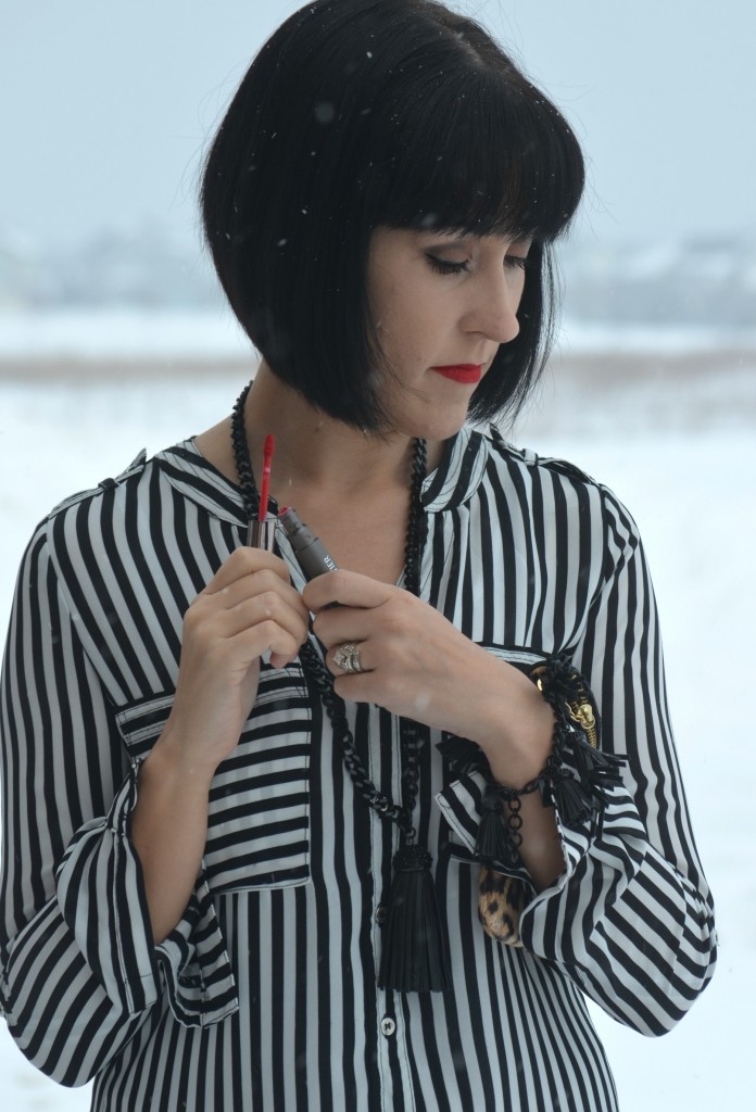 What I Wore today, striped Blouse, H&M tee, black Necklace, statement Bracelet, Cocoa Jewelry necklace, animal print Clutch, Jessica Simpson purse, black Faux Leather Pants