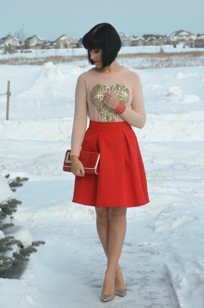 pink Heart Sweater, H&M pink sweater, red flared Skirt, Sheinside red skirt, red Chinese laundry Clutch, Chinese Laundry, Wrap red Bracelet, Express cuff, gold Sparkly Pumps, DSW Canada shoes