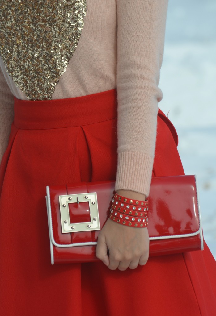 Heart Sweater, H&M sweater, red Skirt, Sheinside skirt, red Clutch, Chinese Laundry purse, Wrap Bracelet, Express bracelet, Sparkly Pumps, DSW Canada
