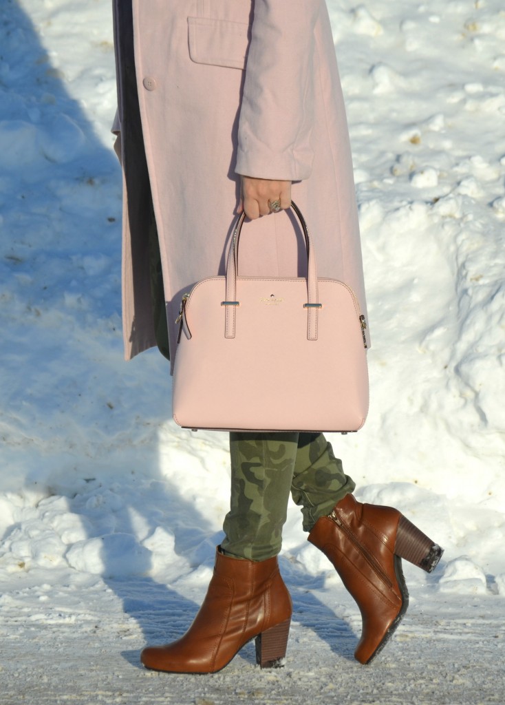 What I Wore, denim shirt, smart set blouse, white statement necklace, Jewlz From Lineve, pink coat, Jacob winter coat, pale pink winter coat, kate spade purse, pink kate spade purse