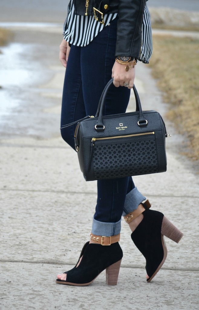 What I Wore, open toe booties, striped blouse, dynamite blouse, leather jacket, danier leather, black purse, kate spade handbag, black watch, gold bangles
