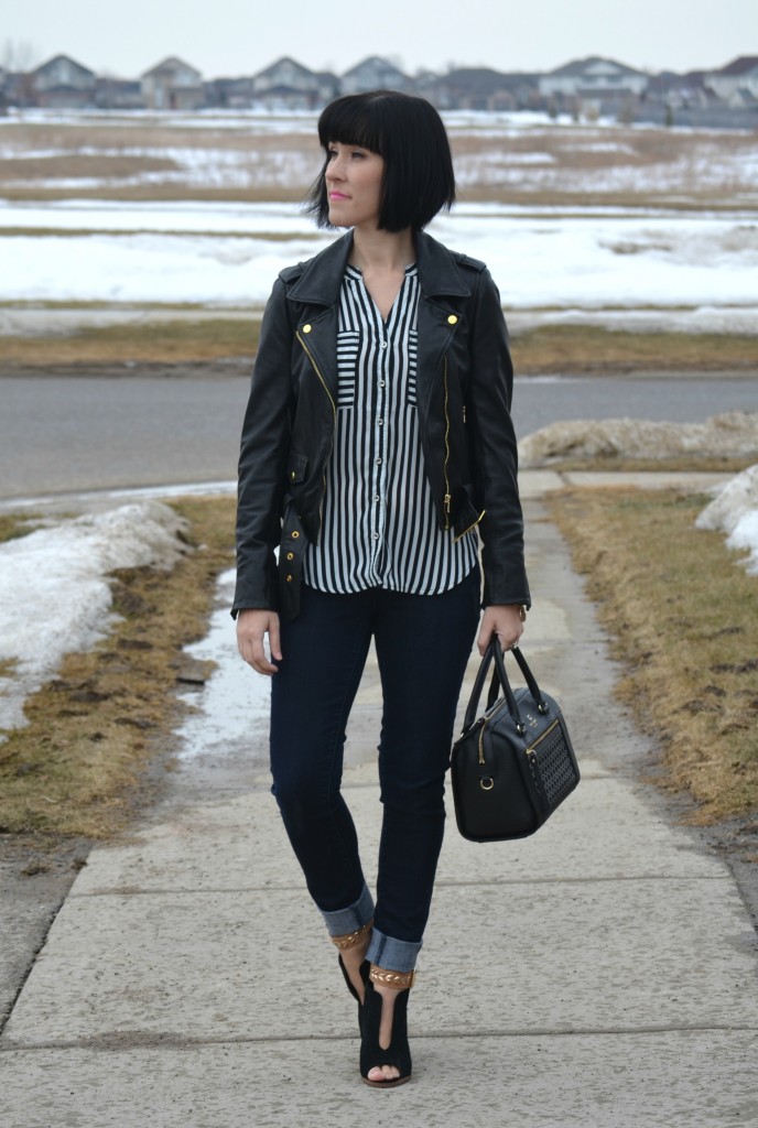 What I Wore, open toe booties, striped blouse, dynamite blouse, leather jacket, danier leather, black purse, kate spade handbag, black watch, gold bangles