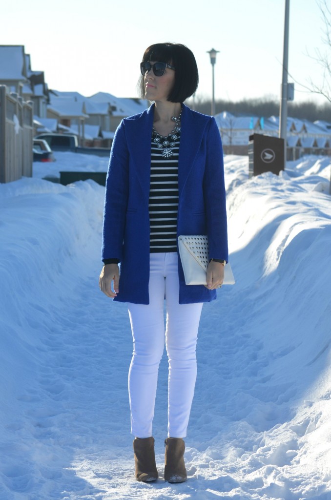 What I Wore, striped sweater, black and white sweater, crystal necklace, D&G sunglasses, white clutch, Marc Jacob Watch, Shopbop watch, Cobalt Blue Coat, white skinny jeans