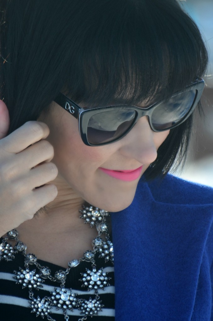 What I Wore, striped sweater, black and white sweater, crystal necklace, D&G sunglasses, white clutch, Marc Jacob Watch, Shopbop watch, Cobalt Blue Coat, white skinny jeans