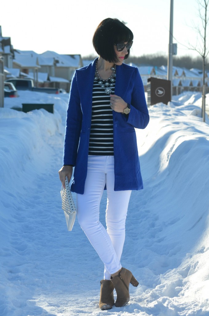 Cocoa jewelry necklace, smart buy sunglasses, shades, white aldo clutch, black Marc Jacob Watch, cobalt coat, the gap jeans, white jeans, hush puppies booties