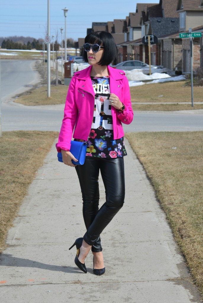 What I Wore, Floral T-shirt, Hot Pink Jacket, The Gap jacket, oversize Sunglasses, blue purse, faux leather pants, black pumps, target shoes, Canadian fashionista