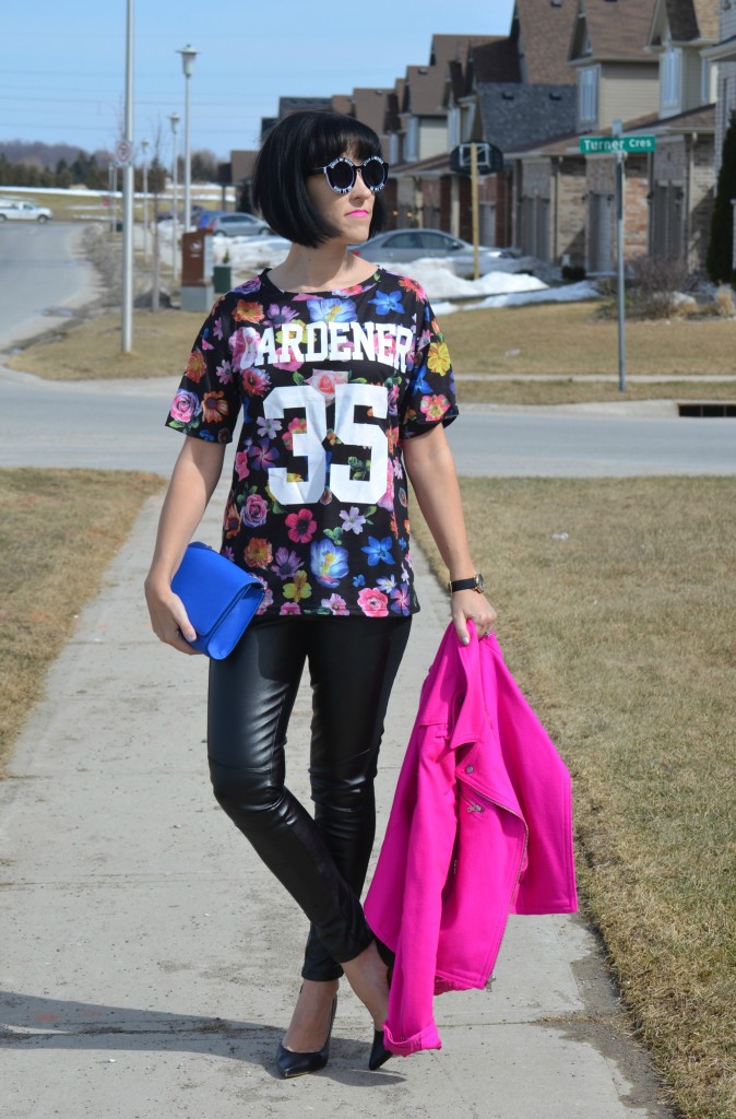 What I Wore, Floral T-shirt, Hot Pink Jacket, The Gap jacket, oversize Sunglasses, blue purse, faux leather pants, black pumps, target shoes, Canadian fashionista