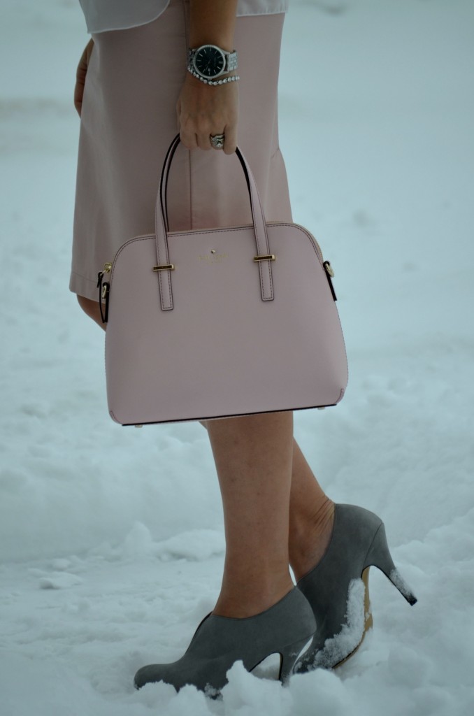 Kate Spade Purse, Shopbop purse, Faux Leather Skirt, RW & Co skirt, grey Bootie,  Kohl’s booties, pink kate spade handbag, pink purse