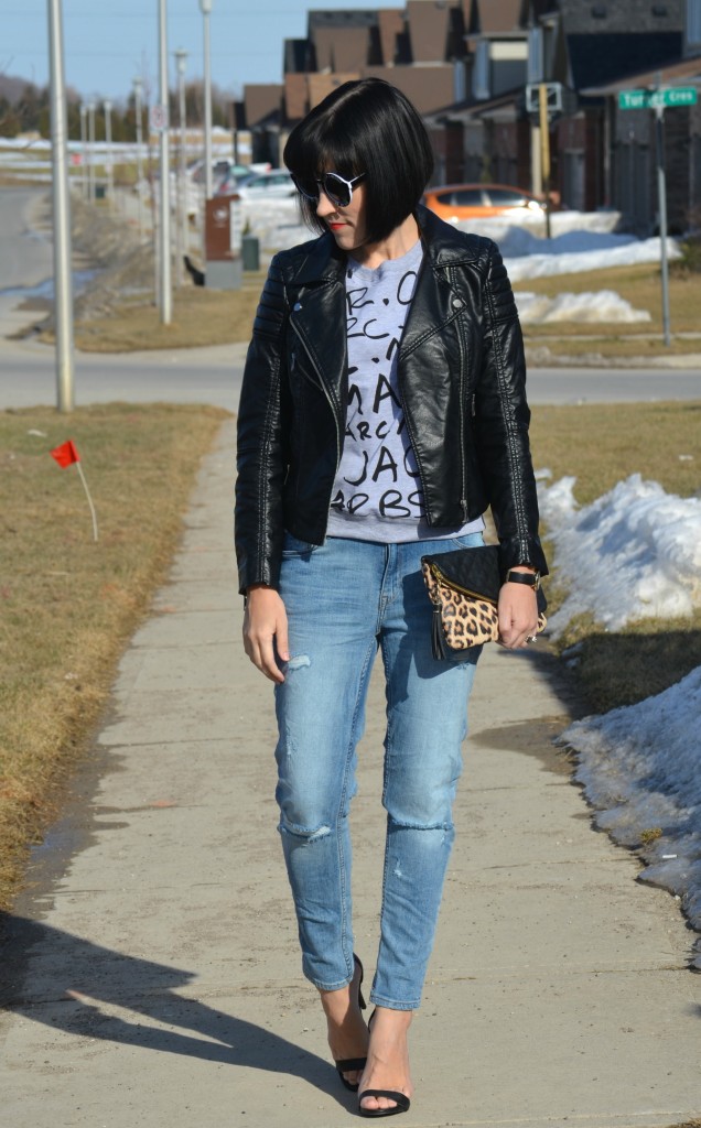 What I Wore, marc Jacob sweater, faux leather jacket, H&M leather jacket, black oversize sunglasses, marc Jacob Watch, animal print clutch, Jessica simpson clutch, Ripped Jeans, target black sandals 