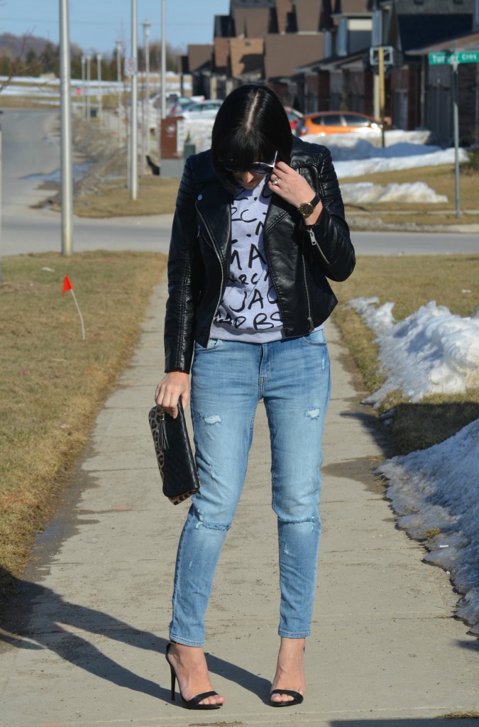 What I Wore, marc Jacob sweater, faux leather jacket, H&M leather jacket, black oversize sunglasses, marc Jacob Watch, animal print clutch, Jessica simpson clutch, Ripped Jeans, target black sandals 
