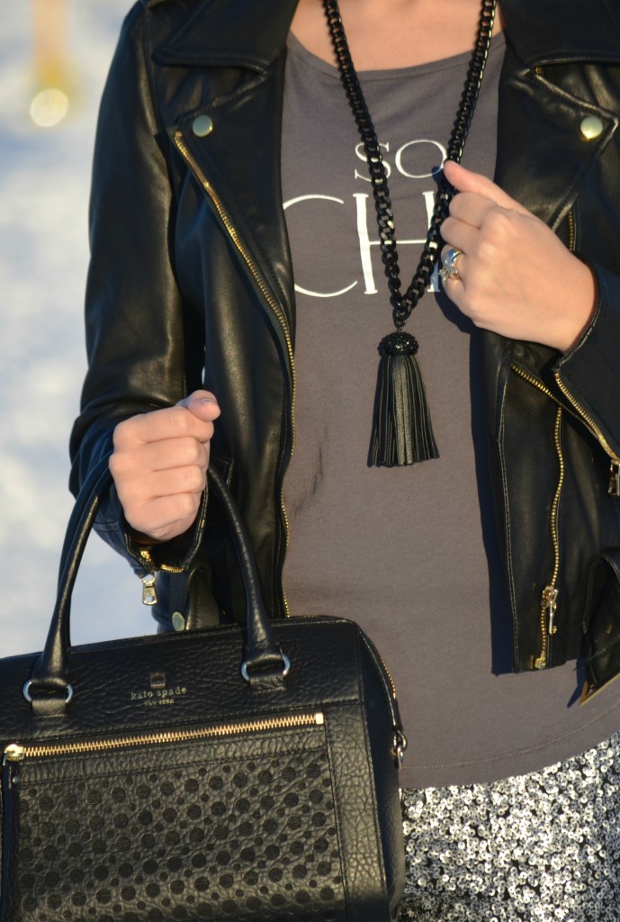 Kate Spade purse, kate spade handbag, black fringe necklace, Cocoa Jewelry, D&D Sunglasses,  SmartBuyGlasses, Sequin Pants, H&M pants, grey Bootie, Nine West boots