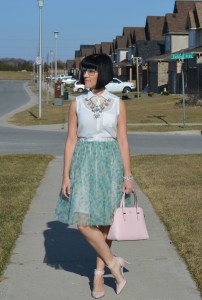 What I Wore, white Blouse, RW & Co blouse, statement Necklace, Cocoa Jewelry necklace, clear sunglasses, smart set sunglasses, pink Kate Spade Purse, Shopbop handbag, crystal bracelet