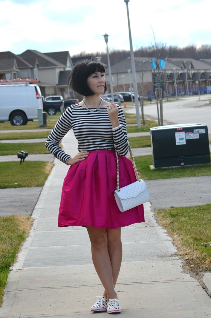 What I Wore, stripped Tee, h&M blouse, statement Necklace, Pinkstix, white Rebecca Minkoff, shopbop, pink Party Skirt, Sheinside skirt, Keds x Kate Spade