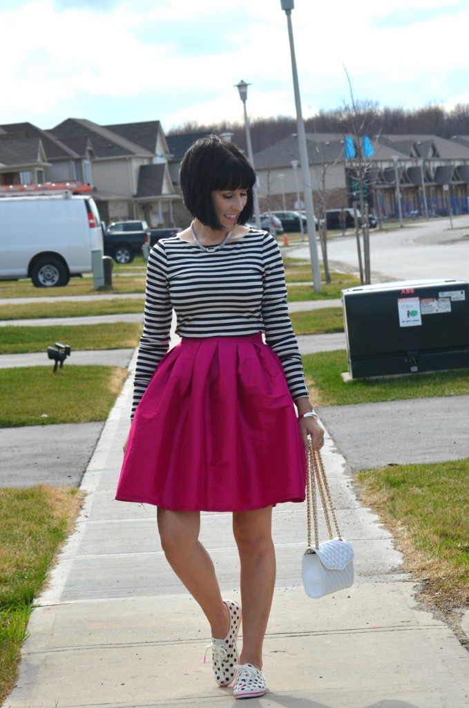 What I Wore, stripped Tee, h&M blouse, statement Necklace, Pinkstix, white Rebecca Minkoff, shopbop, pink Party Skirt, Sheinside skirt, Keds x Kate Spade