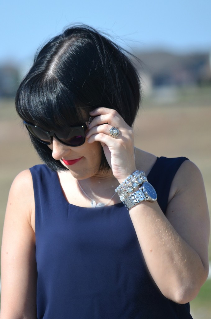 What I Wore, navy blue romper, avon romper, Leaf Necklace, Magnolia Silver necklace, purple clutch, H&M purse, black oversize sunglasses, silver Watch, Caravelle New York watch