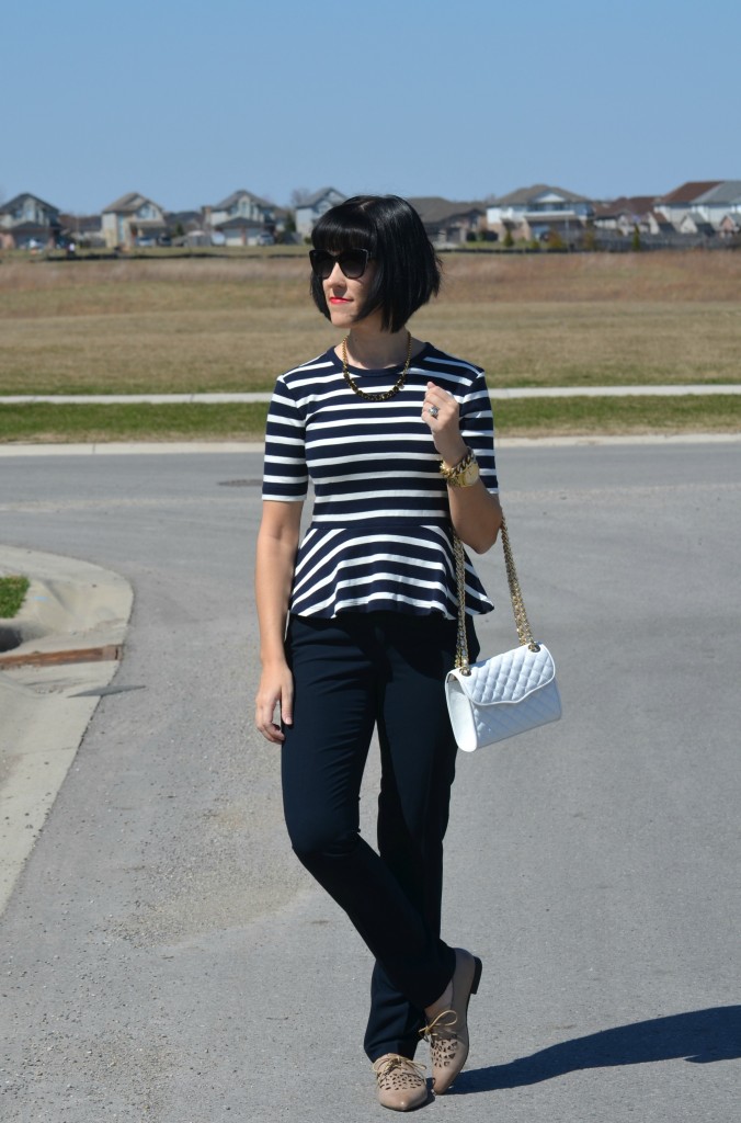 What I Wore, Canadian fashionista, Peplum Top, The Gap blouse, black Necklace, Kate Spade necklace, Rebecca Minkoff Purse, Shopbop purse, gold statement watch, guess watch