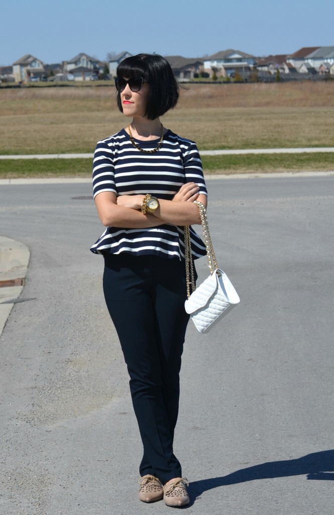 What I Wore, Canadian fashionista, Peplum Top, The Gap blouse, black Necklace, Kate Spade necklace, Rebecca Minkoff Purse, Shopbop purse, gold statement watch, guess watch