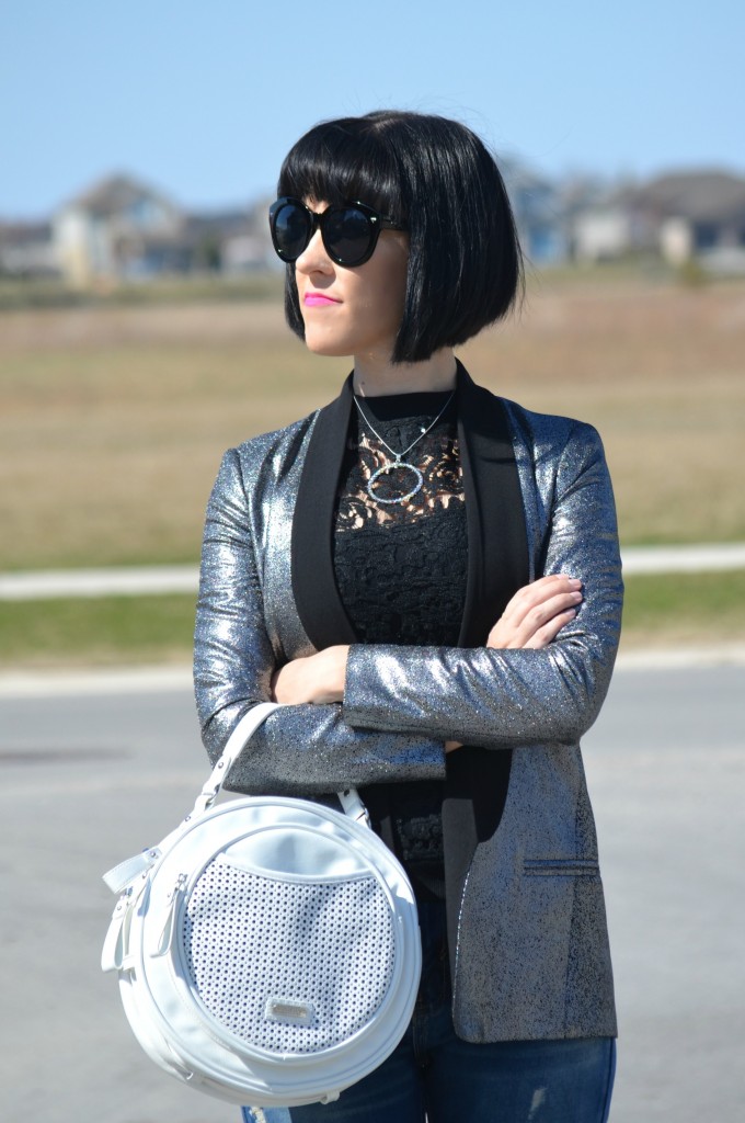 What I Wore, Lace Sweater, RW & Co sweater, Nordstrom metallic Blazer, silver metallic blazer, Nordstrom Warehouse Sale, SilverSparklings, Runway Crush, black oversized sunglasses, Canadian fashionista