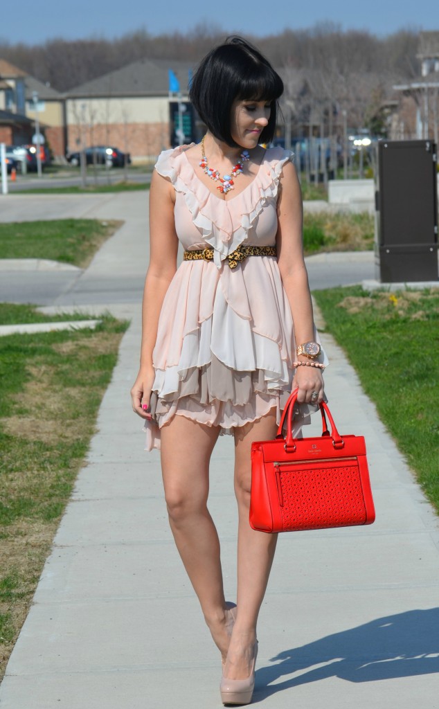 What I Wore, pink Dress, H&M dress, babydoll, statement Necklace, The Red Bow, rose gold statement watch, Michael Kors rose gold watch, spiked Bracelet, Canadian fashionista