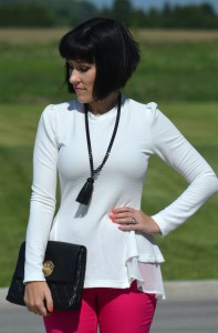 What I Wore, Canadian fashionista, white flirty top, black fringe necklace, Cocoa Jewelry, black kate spade purse, Pink Pants, colour blocked heels, Wal-Mart finds