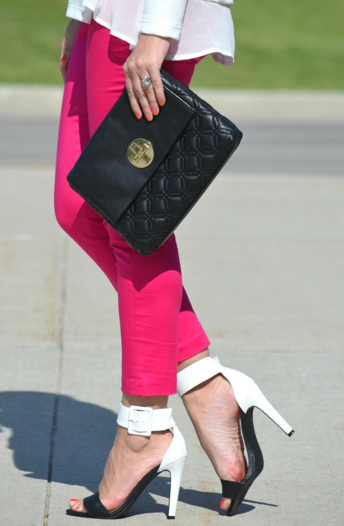 What I Wore, Canadian fashionista, white flirty top, black fringe necklace, Cocoa Jewelry, black kate spade purse, Pink Pants, colour blocked heels, Wal-Mart finds