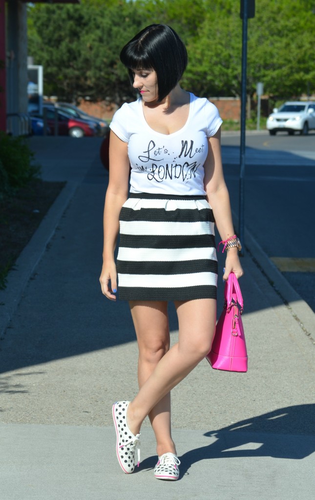 What I Wore, white Tee, rose gold watch, Michael Kors watch, hot pink kate spade purse, shop miss a bracelet, black and white skirt, sheinside skirt, Kate Spade x Keds, Canadian fashionista