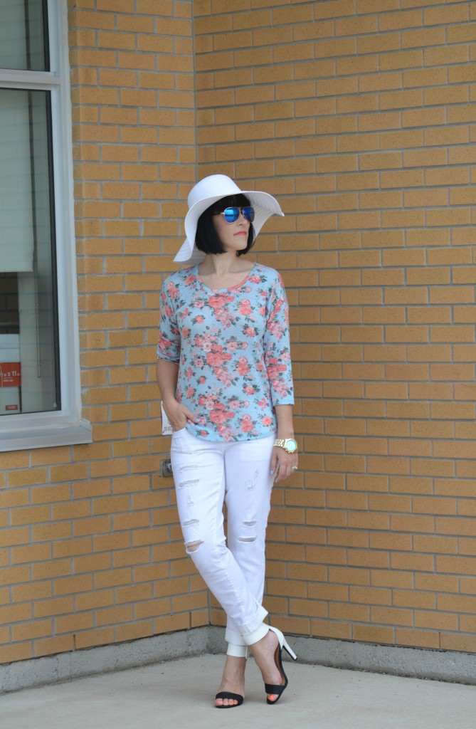 What I Wore, Walmart challenge, looks for less, Floral Top, Aviators, gold statement Watch, white floppy hat, white boyfriend jeans, colour blocked heels, Canadian fashionista