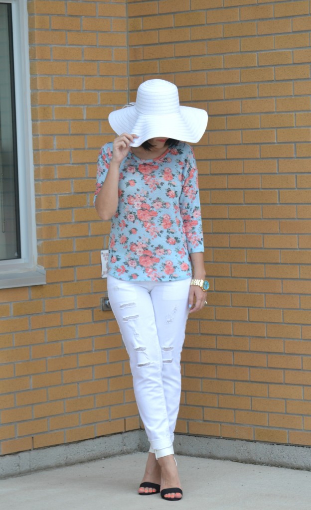 What I Wore, Walmart challenge, looks for less, Floral Top, Aviators, gold statement Watch, white floppy hat, white boyfriend jeans, colour blocked heels, Canadian fashionista