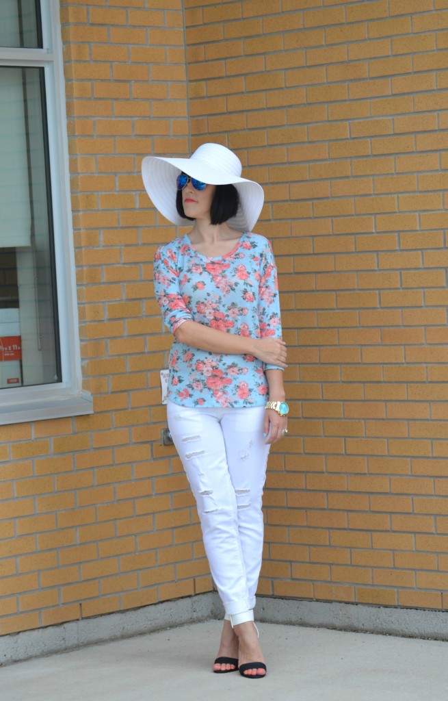 What I Wore, Walmart challenge, looks for less, Floral Top, Aviators, gold statement Watch, white floppy hat, white boyfriend jeans, colour blocked heels, Canadian fashionista