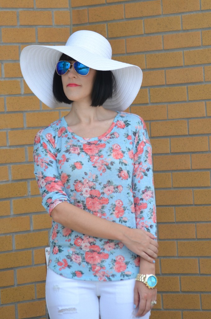 What I Wore, Walmart challenge, looks for less, Floral Top, Aviators, gold statement Watch, white floppy hat, white boyfriend jeans, colour blocked heels, Canadian fashionista