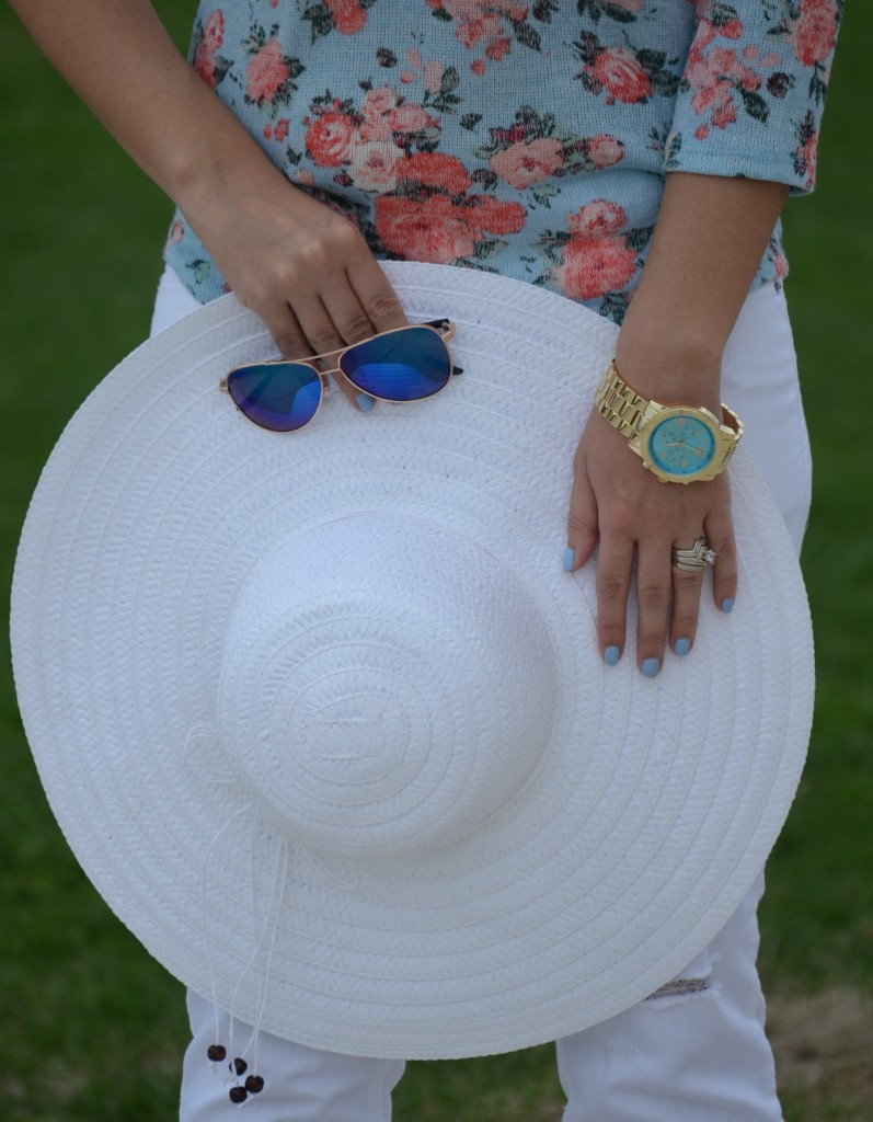 What I Wore, Walmart challenge, looks for less, Floral Top, Aviators, gold statement Watch, white floppy hat, white boyfriend jeans, colour blocked heels, Canadian fashionista