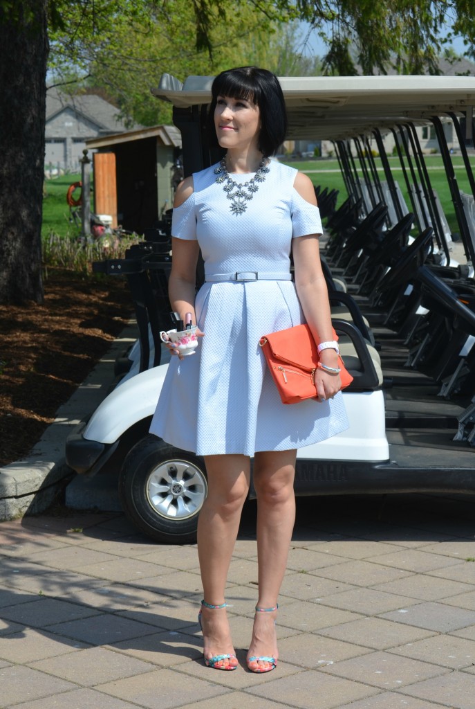 What I Wore, Canadian fashionista, blue Dress, Elle x RW, statement Necklace, Cocoa Jewelry, coral clutch, Pinkstix, white fossil watch, RW & Co x Elle