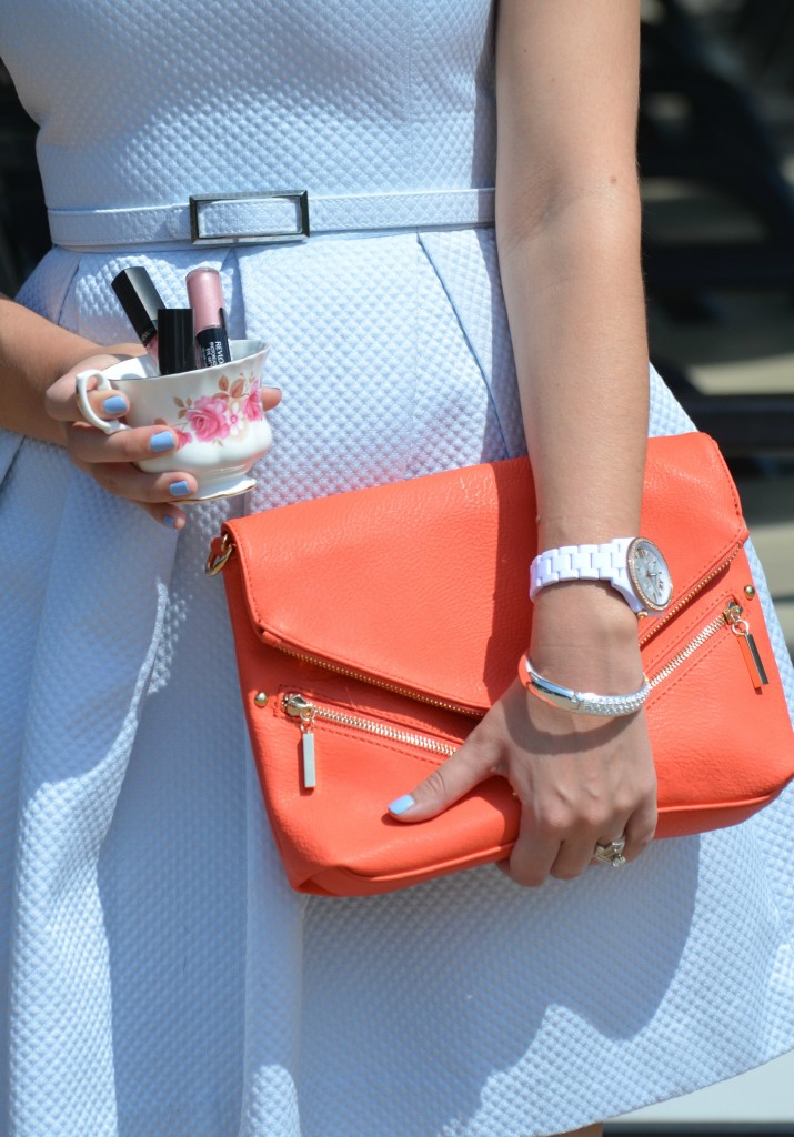 What I Wore, Canadian fashionista, blue Dress, Elle x RW, statement Necklace, Cocoa Jewelry, coral clutch, Pinkstix, white fossil watch, RW & Co x Elle
